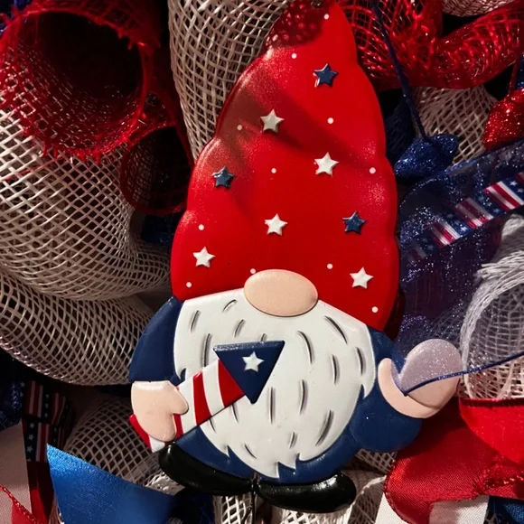 Handmade, Red, White & Blue Gnome Wreath, fourth of July